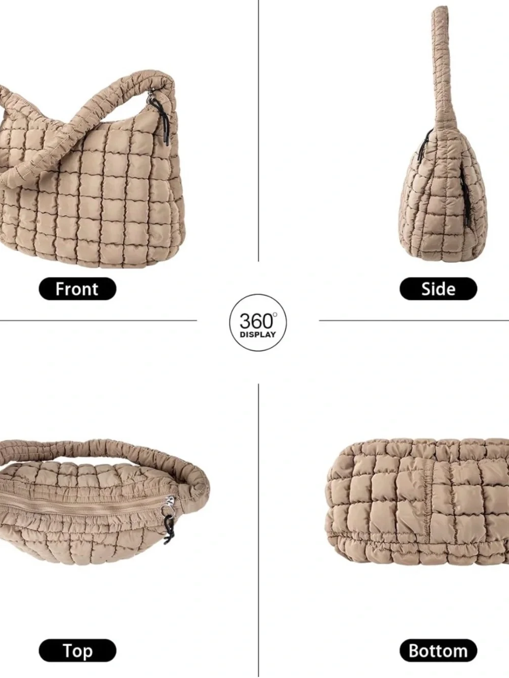 Puffer Quilted Shoulder Bag in Taupe Satin